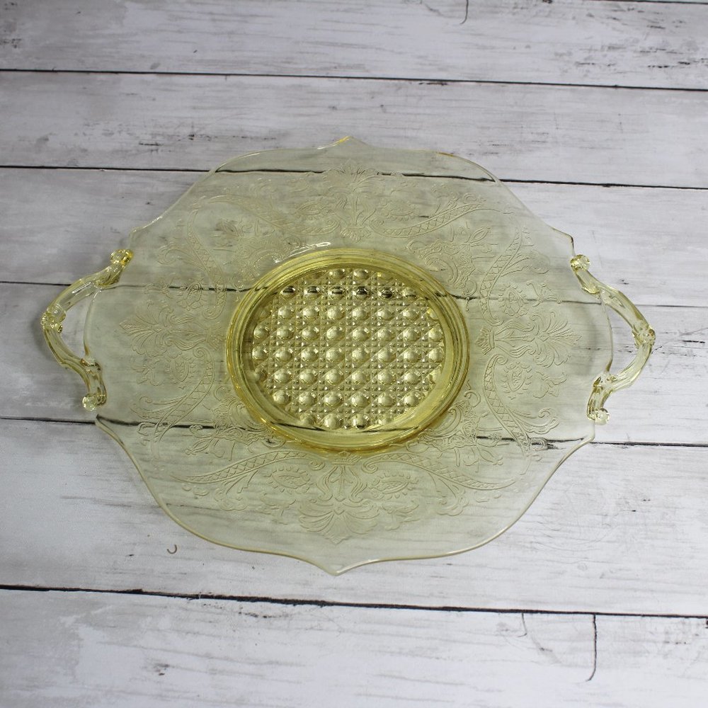 Vintage Yellow Depression Glass Serving Platter Cake Plate